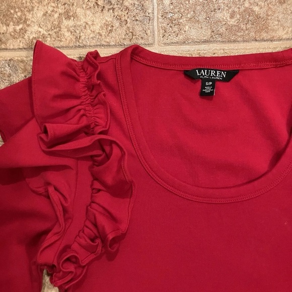Lauren Ralph Lauren Red Ruffle Shoulder Top Petite Small 3/4 Sleeve - Picture 3 of 7